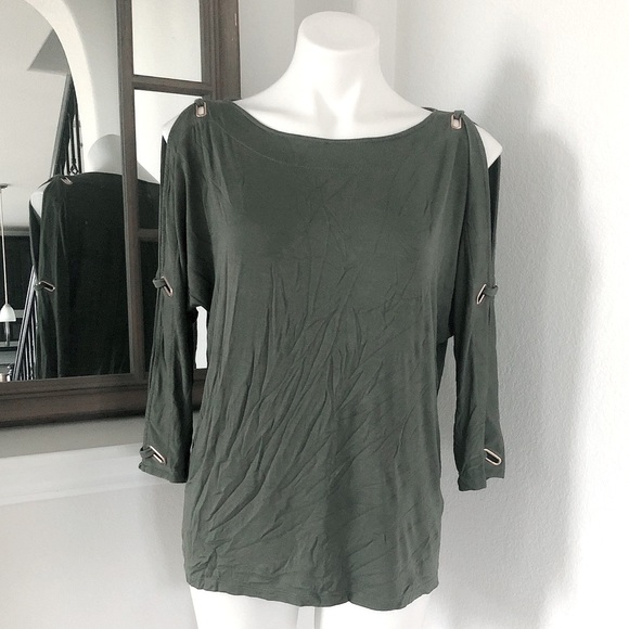 Cable & Gauge Tops Cable Gauge Knit Top Coldshoulder Sweater Olive